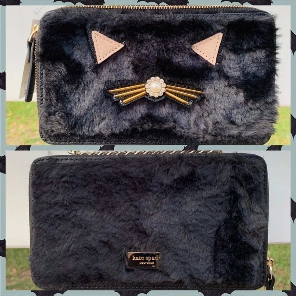 Kate Spade Black Cat Fur Brighton Lane Halloween Theme Crossbody Kitty Bag NWT